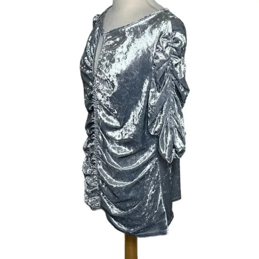 Boston Proper Top XL Silver Crushed Velvet Ruched Front Split Neck Elbow Sleeve - Picture 3 of 9